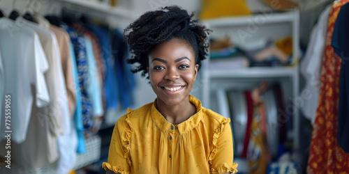 Happy positive clothes store owner smiling at the camera with jackets on background. Successful African-American professional entrepreneur woman running a small business