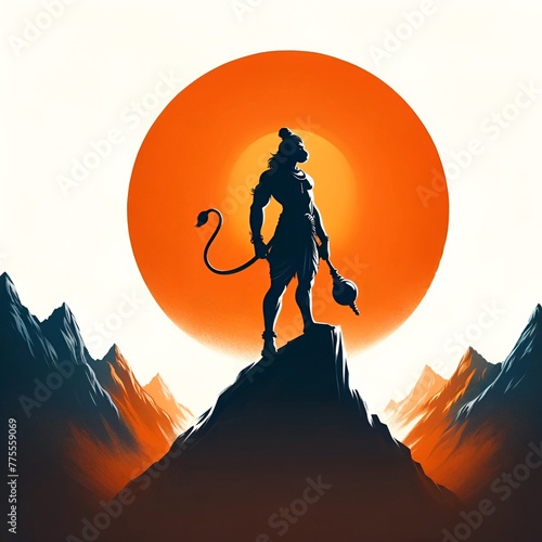 Illustration of the lord hanuman in a powerful stance on top of a mountain. photo