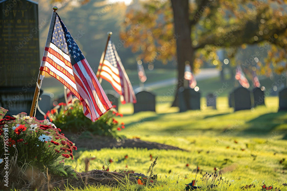 A cemetery with four American flags in the grass. The flags are in different positions, some are standing upright and others are laying down. Concept of patriotism and respect for the deceased - obrazy, fototapety, plakaty 