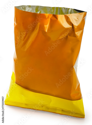 Food Packaging, Foil and plastic snack bags mockup bag opening cut isolate on white background, Orange colored pillow packages for food production on White Background With clipping path.
