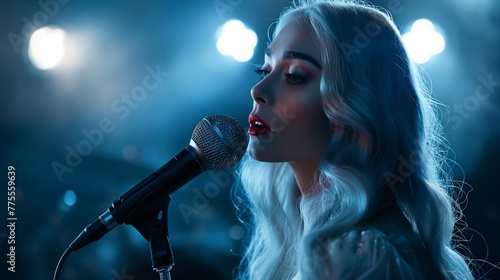 Beautiful singer performing with microphone in nightclub.Generative AI illustration