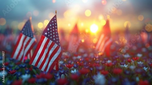 Handheld American flags fluttering in the breeze, capturing the spirit of national holidays 3D render, high resolution, 4th of July National Day,  photo