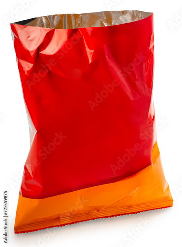 Food Packaging, Foil and plastic snack bags mockup bag opening cut isolate on white background, Red colored pillow packages for food production on White Background With clipping path.