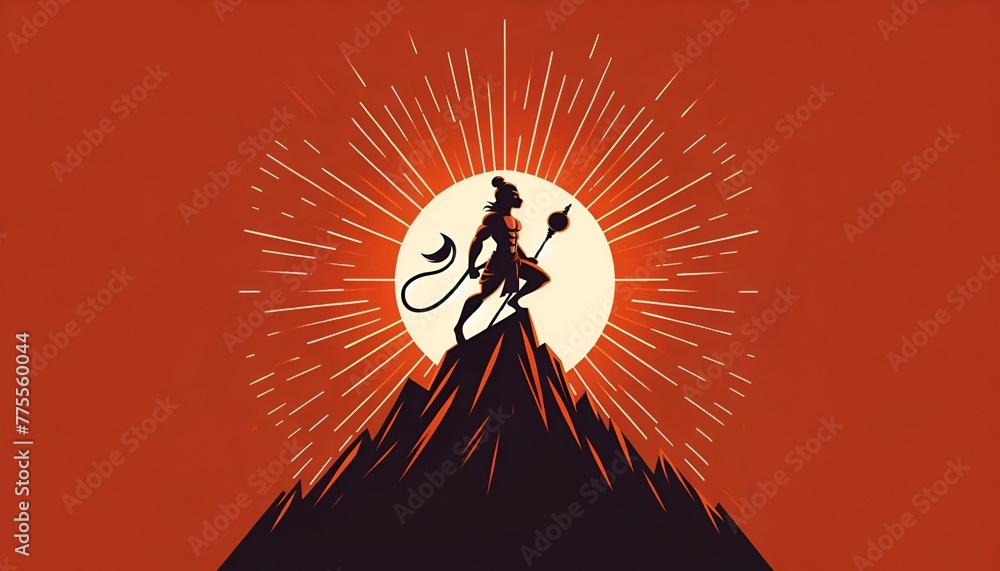 Illustration of the hanuman silhouette in a powerful stance on top of a mountain. - obrazy, fototapety, plakaty 