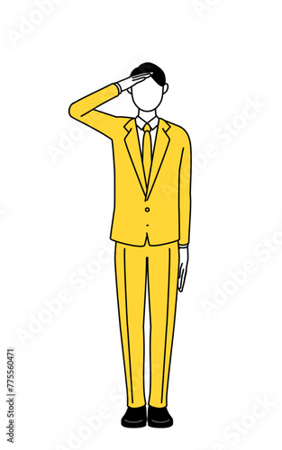 Simple line drawing illustration of a businessman in a suit making a salute.