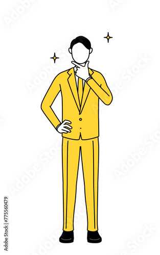 Simple line drawing illustration of a businessman in a suit in a confident pose.