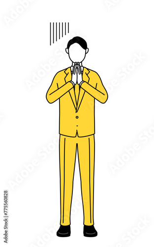 Simple line drawing illustration of a businessman in a suit apologizing with his hands in front of his body.