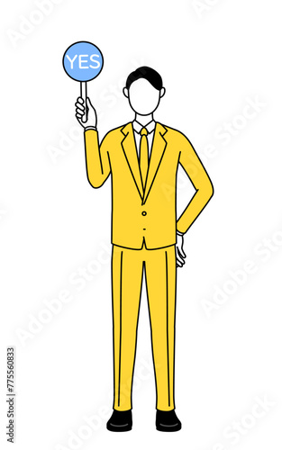 Simple line drawing illustration of a businessman in a suit holding a malleable stick that shows the correct answer.