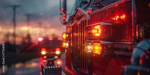 Fire truck siren and lights, close-up, intense focus, dusk light, urgency and bravery