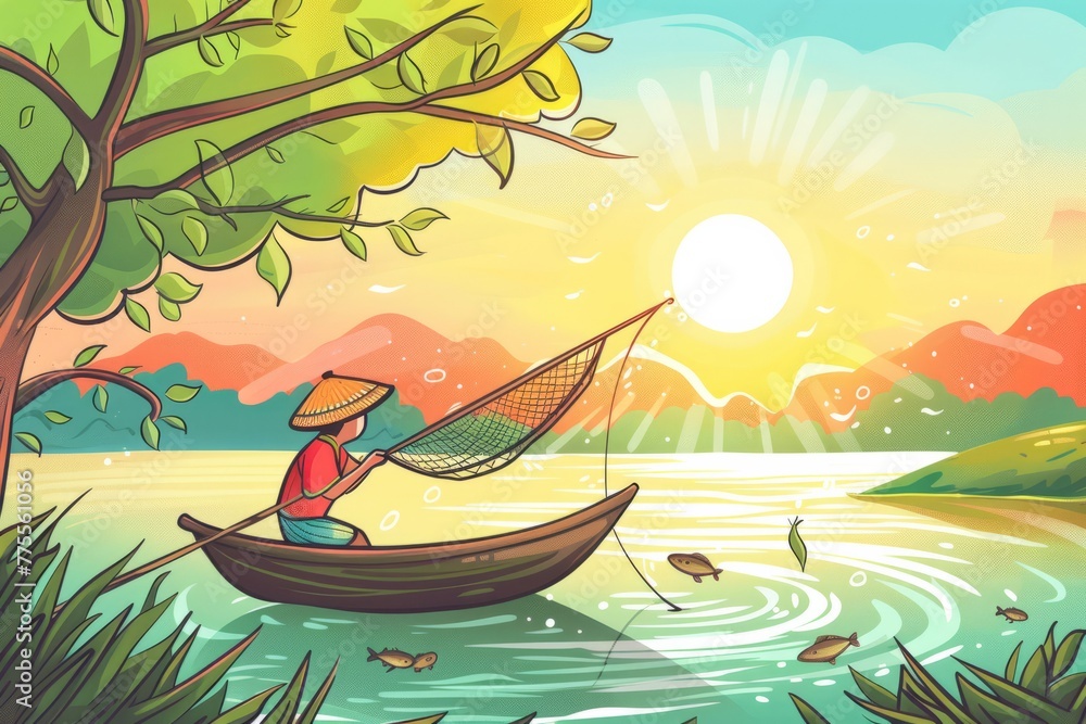 Cartoon cute doodles of an Asian farmer using a traditional fishing net to catch fish in a tranquil river, with a colorful sunrise in the background, Generative AI