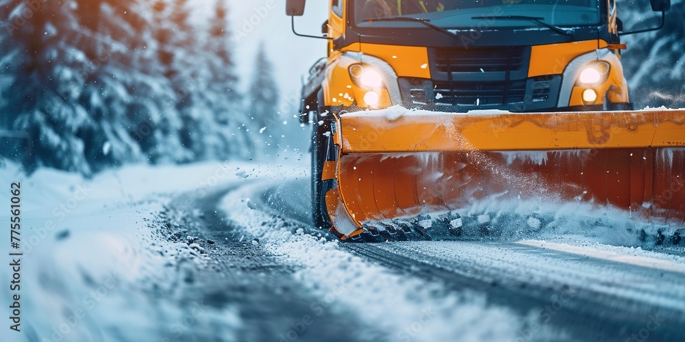 Snowplow clearing the road, close-up on the blade and snow spray, essential winter service Snowplow clearing the road, close-up on the blade and snow spray, essential winter service