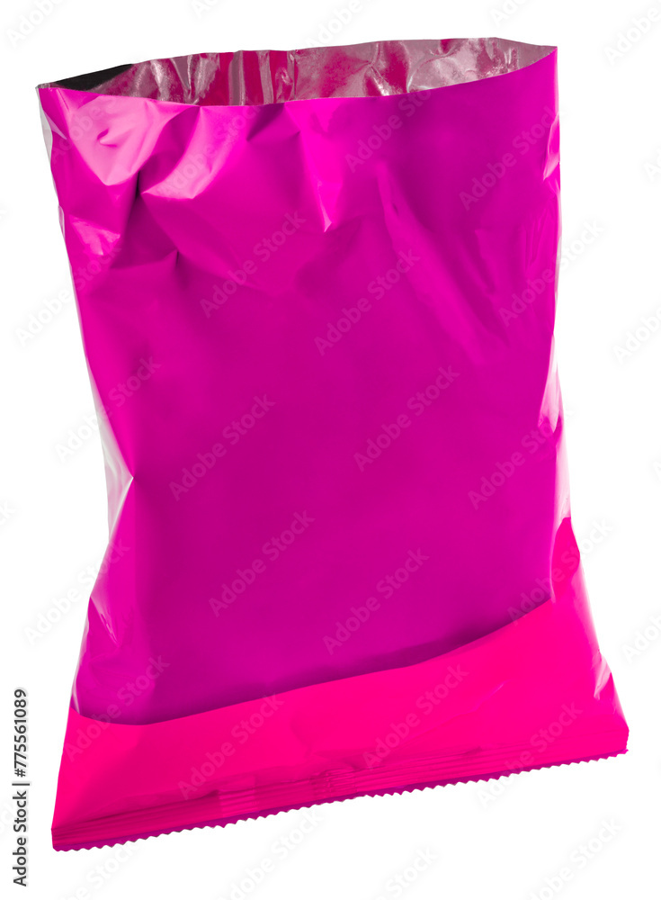 Food Packaging, Foil and plastic snack bags mockup bag opening cut isolate on white background, Violet colored pillow packages for food production on White PNG File,