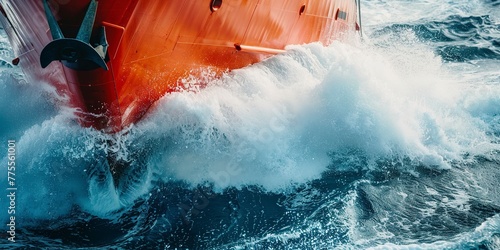 Coast guard boat prow cutting through waves, close-up, determination and vigilance on the sea photo
