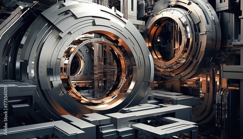 interplay of geometric forms in motion within an industrial setting. The image showcases the dynamic and abstract shapes created by the movement of industrial machinery or equipment