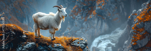 Billy Goat in the Alps on a Mountain,
Majestic mountain goat standing proudly on a cliff edg photo