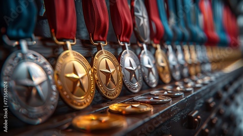 The prestigious array of military medals, each a testament to bravery and service in Americas armed forces 3D render, high resolution, clean sharp focus photo