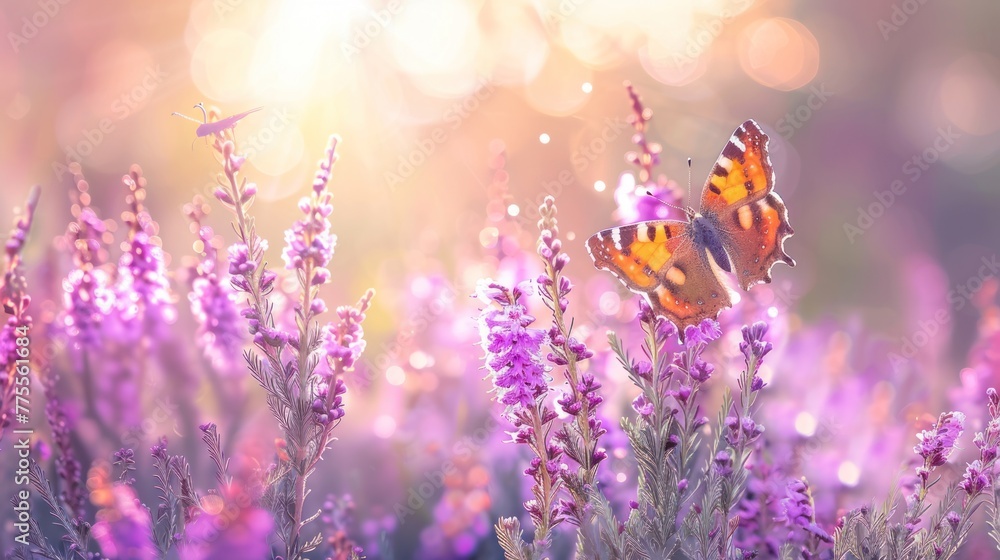 Naklejka premium Violet heather flowers and butterfly in rays of summer sunlight in spring outdoors on nature macro, soft focus