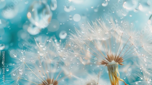 Nature macro of dandelion seeds in droplets of water on a blue and turquoise background