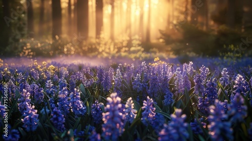 Stunning spring landscape featuring a field of hyacinths against a forest backdrop