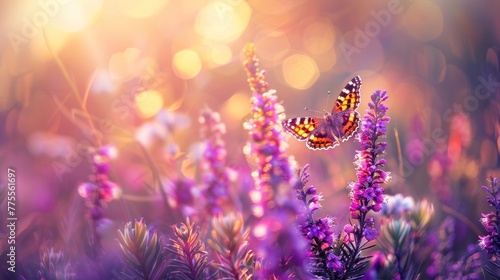 Violet heather flowers and butterfly in rays of summer sunlight in spring outdoors on nature macro, soft focus © somchai20162516