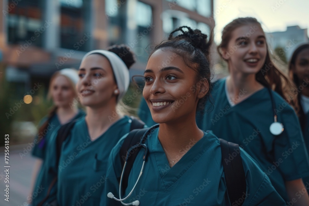 Diverse team of young female medical students strolling in scrubs across hospital campus.
