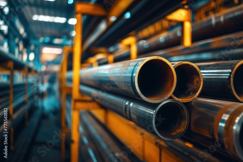 Warehouse scene with high-quality steel pipes. Precision and organization of the steel industry's logistical processes, showcasing stacks of pipes awaiting shipment. photo