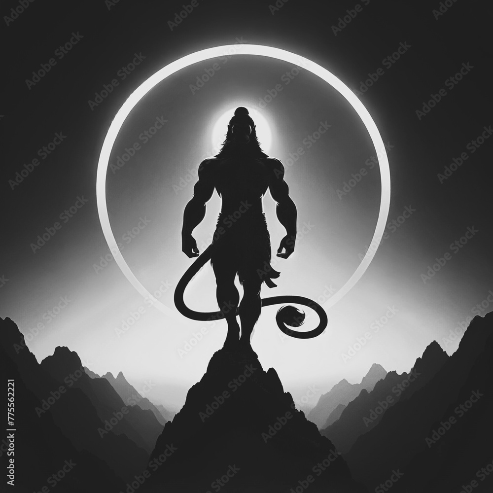 Black and white illustration of a silhouette of an powerful figure of hanuman jayanti. - obrazy, fototapety, plakaty 