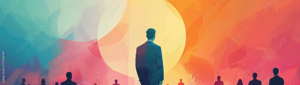 A man stands in front of a group of people, looking up at the sky A man stands in front of a group of people, looking up at the sky