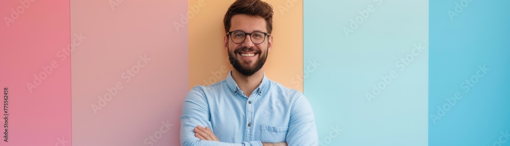 A man with glasses is smiling A man with glasses is smiling