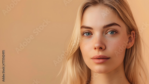 Portrait beautiful young blonde woman with clean fresh skin. Model with healthy skin, close up portrait on beige background. Cosmetology, beauty and spa. Copy space.
