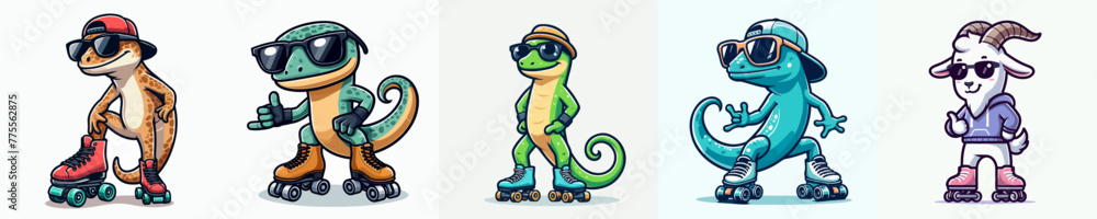 vector set of cool cartoon animal with roller skates