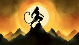 Watercolor illustration of a strong hanuman silhouette on mountain top.