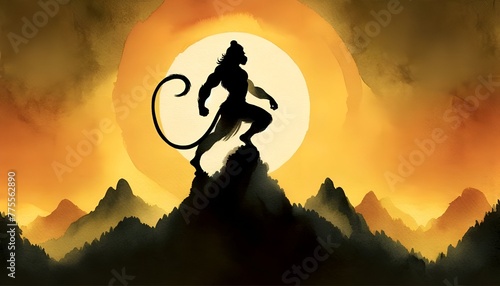 Watercolor illustration of a strong hanuman silhouette  on mountain top. © Milano