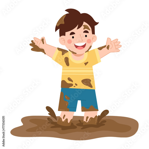 Vector illustration of boy playing in mud