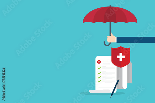Medical healthcare insurance. Red shield on patient protection policy and pen. Medicine symbol.	