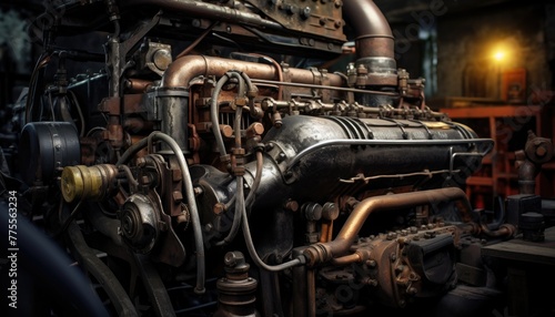 Industrial background. Engine of an old car. Industrial background