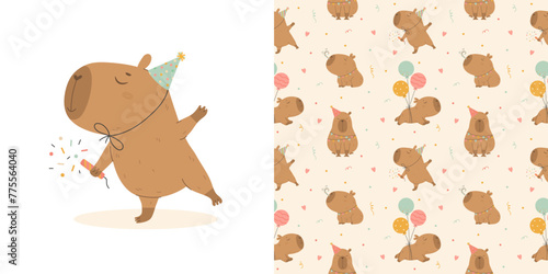 Birthday capybara and pattern with funny capybaras