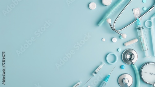 Top view with copy space of medical equipment, stethoscope, syringes, pills and scissors on edge on light blue banner background.