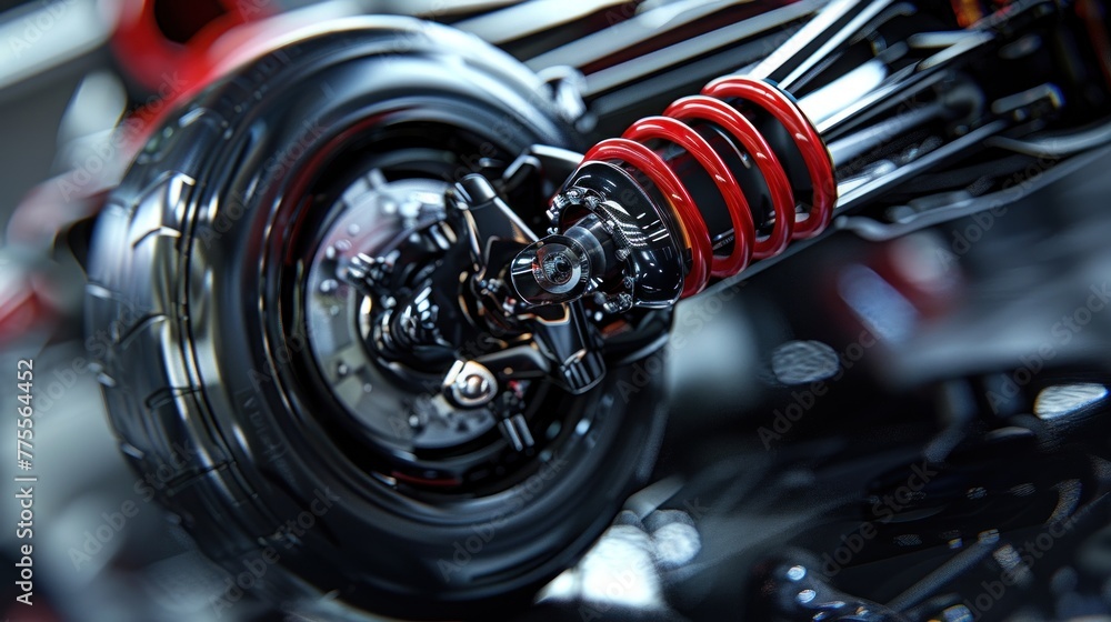 Fototapeta premium Closeup of race car shock absorber and wheel