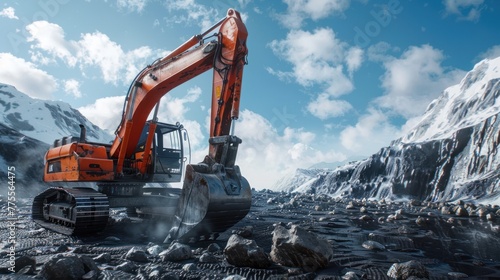 In a rocky field, a large orange excavator is digging