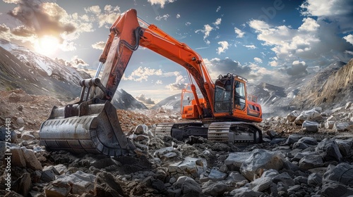 In a rocky field, a large orange excavator is digging photo