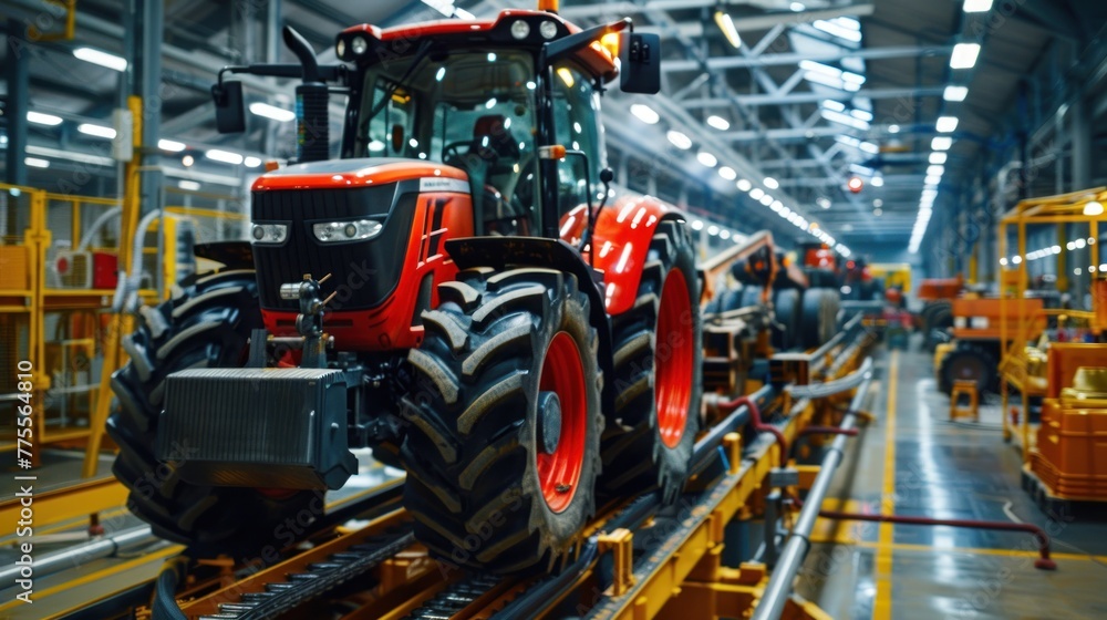 Tractor production Assembly line inside an agricultural machinery factory Installing parts on the tractor body