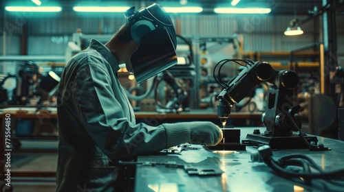 Young engineer works diligently in advanced robot welding factory in modern technology world