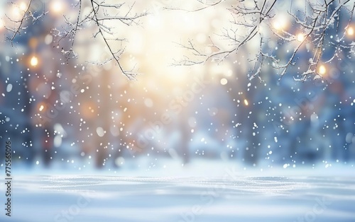 Wintry landscape with snowy branches and lights