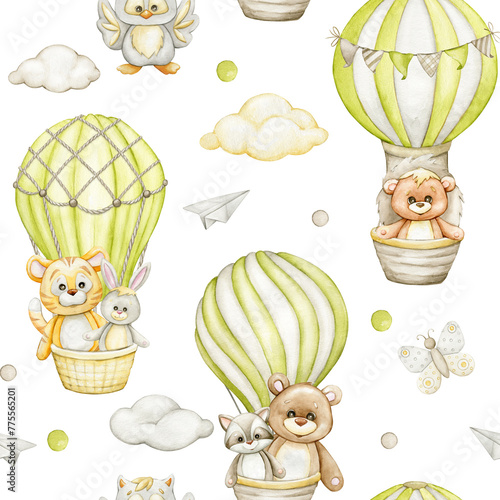 tiger, bunny, raccoon, bear, hedgehog, owl, flying on balloons, watercolor seamless pattern, on an isolated background.  forest animals © Natalia