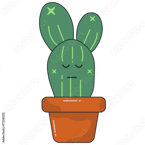 Kawaii Potted Cactus Character. Isolated On White Background. Vector Illustration.
