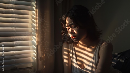 Free Download A Domestic violence: Asian woman sitting depressed alone in bedroom Feeling sad and disappointed in love In a dark bedroom and sunlight from the window coming through the blinds. - GFXLoad
