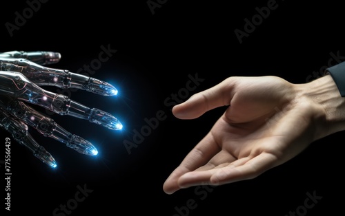 Human hand reaching towards robot hand photo