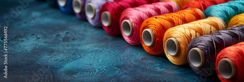 Colorful Threads on Spools Isolated on Blue Back,
Threads of different colors on a blue background
 photo