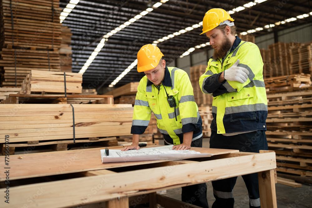 Team Caucasian engineer businessman use paperwork with wood stock background at warehouse Team Caucasian engineer businessman use paperwork with wood stock background at warehouse